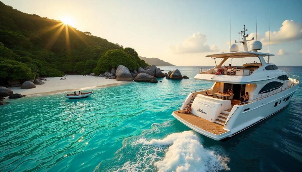 Yacht on island-hopping by yacht near La Digue’s Anse Lazio beach in the Seychelles.